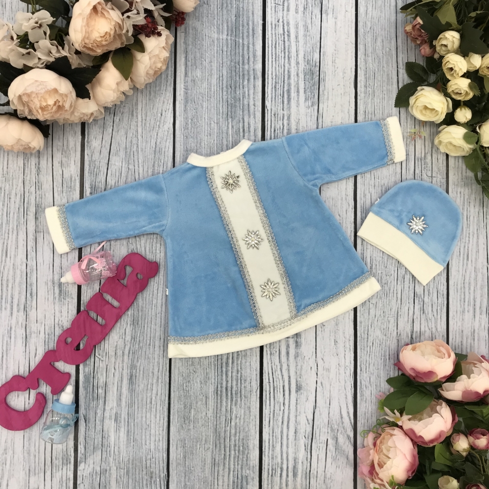 245. Платье новогоднее с шапкой, хлопок 80% велюр 20% ПЭ, голубой 62,68,74,80,86